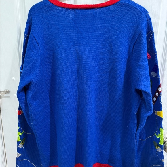 Festive Blue Christmas Cardigan w Red Trim Holiday Christmas Beer Holly Lights - Picture 3 of 3